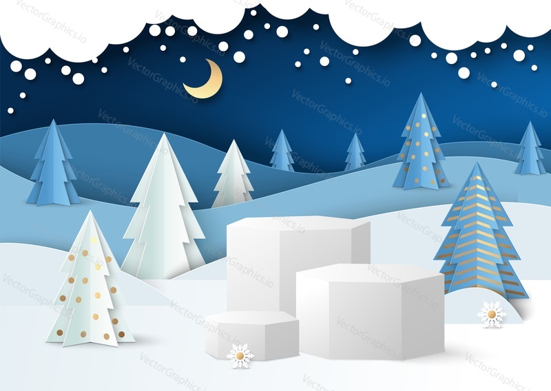 White display podium mockup set, paper cut winter night forest scene, vector illustration. Winter background for gift, cosmetic product, sales promotion.