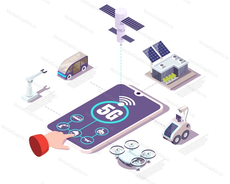 5g mobile phone with IoT app, flat vector isometric illustration. Internet of things, smart home technologies. 5g cellular network connecting machines, objects and devices.