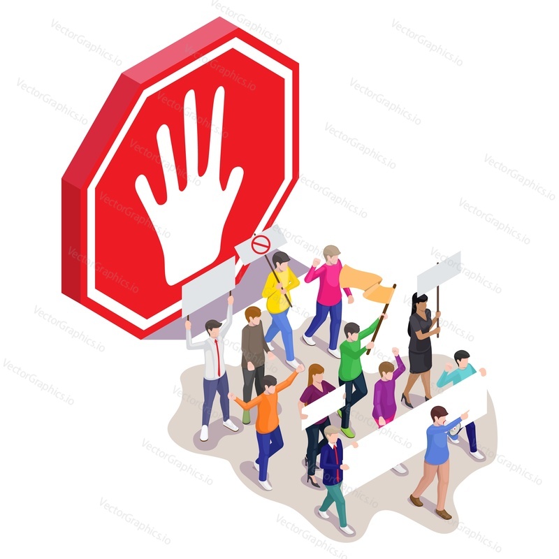 Stop violence sign and group of activists, protesters with placards, flags, flat vector isometric illustration. Stop violence protest.