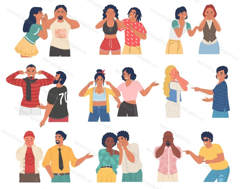People closing eyes, mouth with hands and plugging ears with fingers, ignoring others and paying no attention to companion, flat vector isolated illustration. Disregard, disagreement, refusal, denial.