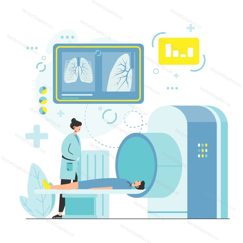 Компьютерная томография грудной клетки, плоская векторная иллюстрация. Рентгеновская компьютерная томография легких пациента. Пульмонологическая диагностика.