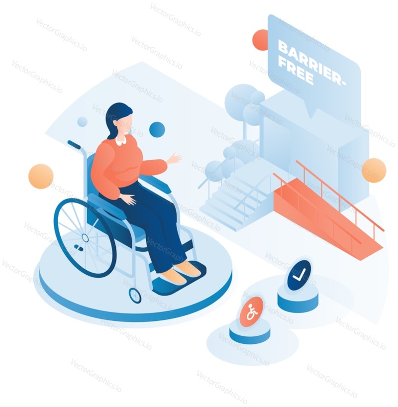 Woman in wheelchair in front of multistorey house building with access ramp at entrance door, flat vector isometric illustration. Barrier free environment. Handicap accessible house.
