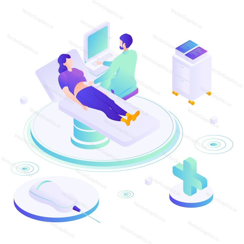 Doctor doing abdominal ultrasound scan to female patient lying on medical bed, flat vector isometric illustration. Ultrasound diagnostics, medical equipment.