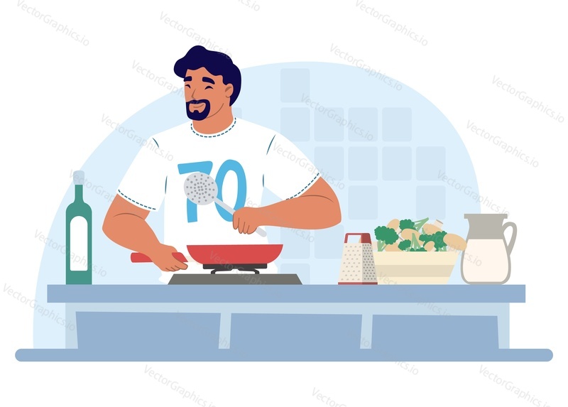 Man cooking food, preparing dinner in kitchen, flat vector illustration. Housework, household chores, housekeeping, hobby.