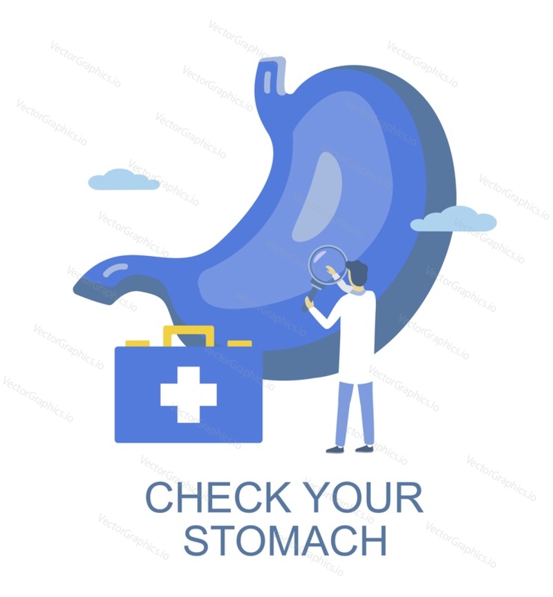 Stomach check up. Doctor examining human stomach pain with magnifying glass, flat vector illustration. Gastroenterology. Digestive system diagnostic procedure.