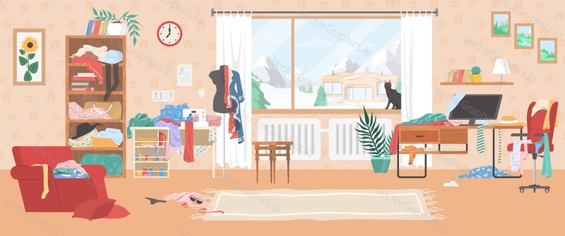 Messy living room with scattered stuff, flat vector illustration. Scattered clothes in bookcase, in armchair, on desk, on the floor. Mess, disorder.