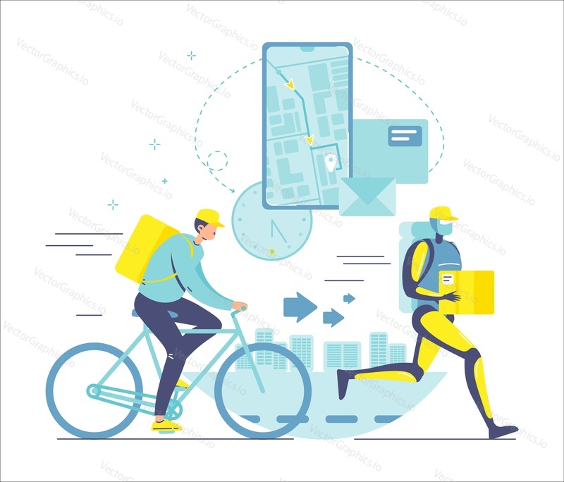Robot courier with parcel running ahead of human, delivery man riding bike, flat vector illustration. Robots superiority. AI vs human. Artificial intelligence technology.