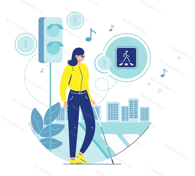Blind woman with cane crossing street at crosswalk and the lights with accessible pedestrian signals or melody, flat vector illustration. Traffic safety for blind people. Barrier free environment.