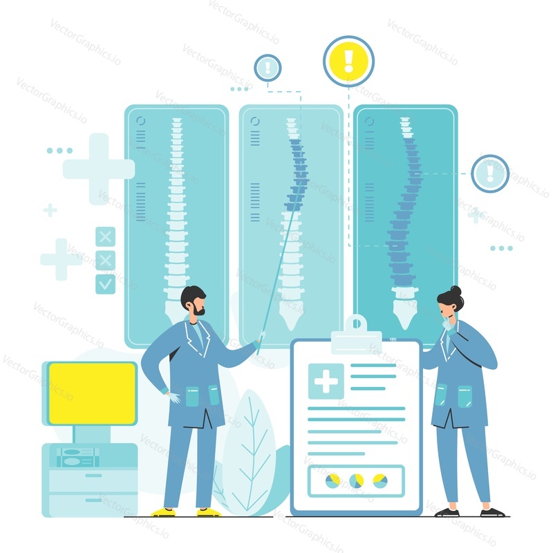 Doctor osteopath, chiropractor, male and female characters examining spine bone xray scans, flat vector illustration. Osteopathy, chiropractic. Bone health.