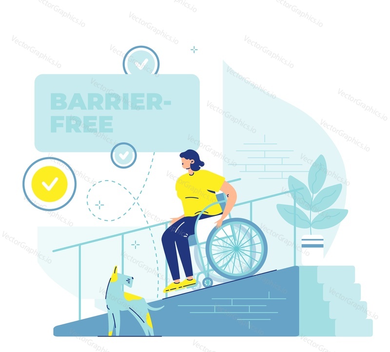 Woman in wheelchair leaving house using access ramp at entrance door, flat vector illustration. Wheelchair ramps for home accessibility. Barrier free environment.