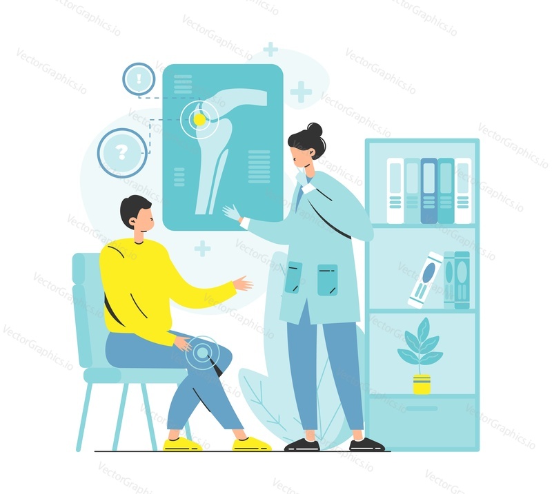 Patient suffering from joint pain. Doctor orthopedist examining xray scan of knee joint, flat vector illustration. Traumatology and orthopedics. Knee arthritis, osteoarthritis, rheumatoid arthritis.