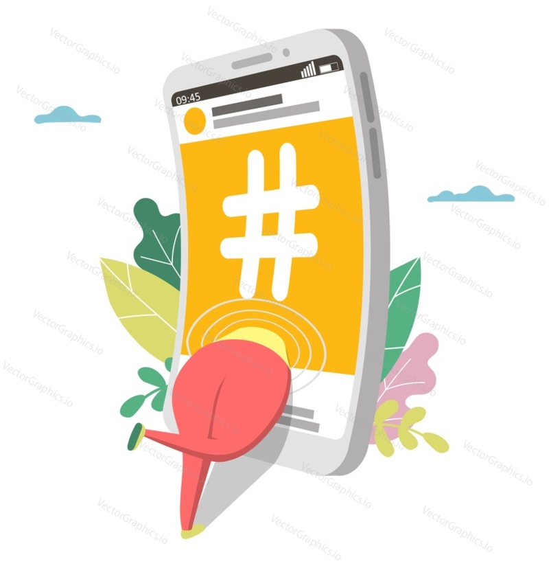 Hashtag symbol and addicted to social networks woman in smartphone, flat vector illustration. Social media addiction.