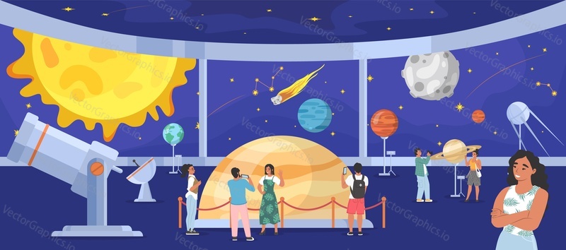 Planetarium, space museum. People looking at night sky with solar system planets, stars, celestial bodies, listening to guide, flat vector illustration. Astronomy science, planetarium show.