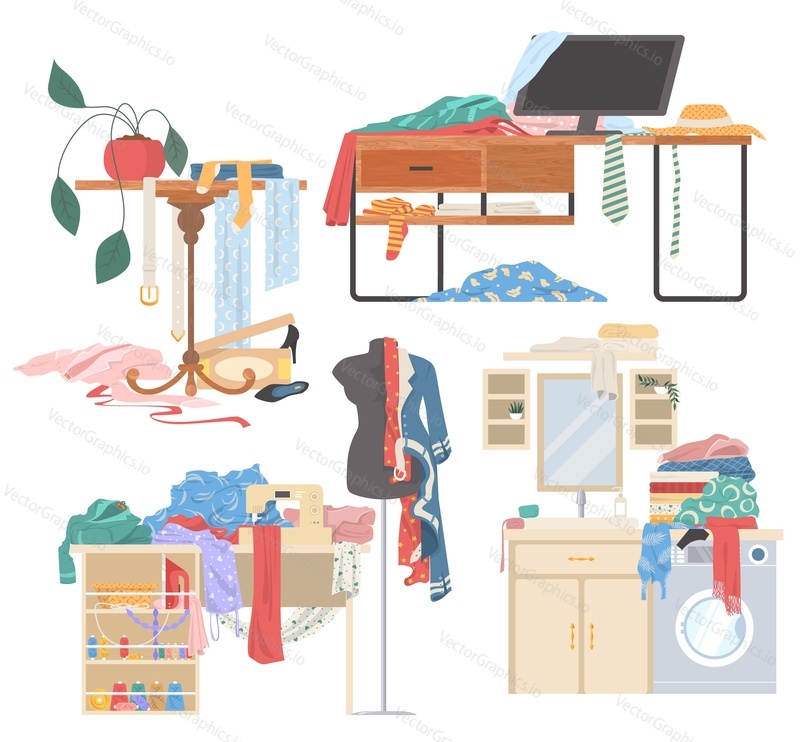 Scattered clothes, female stuff on desk, on washing machine, on table, flat vector isolated illustration. Mess, disorder.
