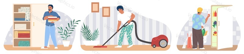 Male characters vacuuming carpet, putting folded clothes in wardrobe and food in fridge, flat vector illustration. Housework, household chores, housekeeping, house cleaning.