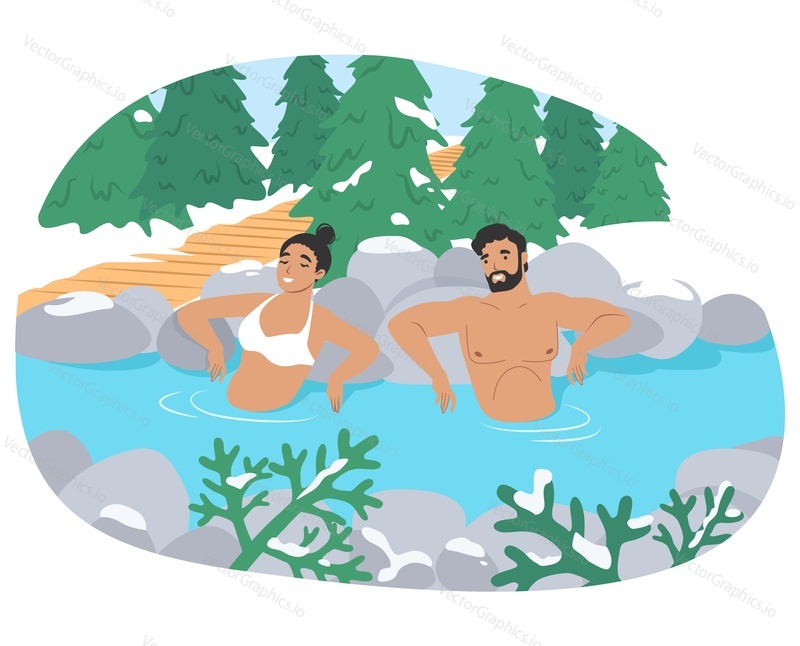 Hot springs pool. People enjoying thermal spa water, flat vector illustration. Happy couple taking outdoor bath. Onsen, japanese natural hot springs resort. Relax, recreation.
