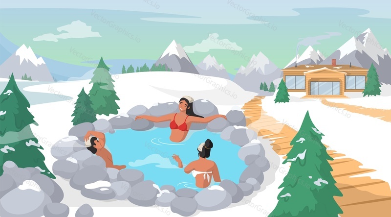 Hot springs pool. People enjoying thermal spa water in winter, flat vector illustration. Mountain onsen, japanese natural hot springs resort. Relax, recreation.