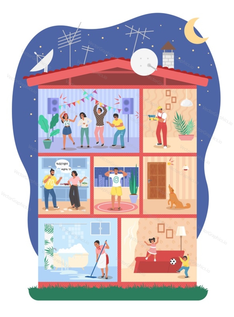 Multistorey apartment house with noisy neighbors living in it, flat vector illustration. Group of people dancing, couple screaming, man drilling wall, dog barking by entrance door, children playing.