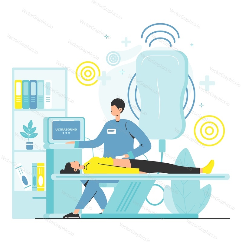 Doctor doing abdominal ultrasound diagnostics to female patient lying on medical bed, flat vector illustration. Ultrasound medical examination. Gastroenterology. Ultrasonography.