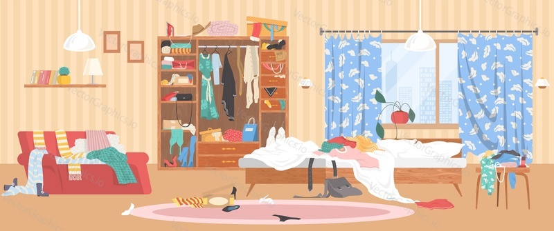 Messy bedroom with scattered stuff, flat vector illustration. Wardrobe full of clothes thrown disorderly. Scattered female clothing on sofa, on bed and on coffee table. Mess, disorder.