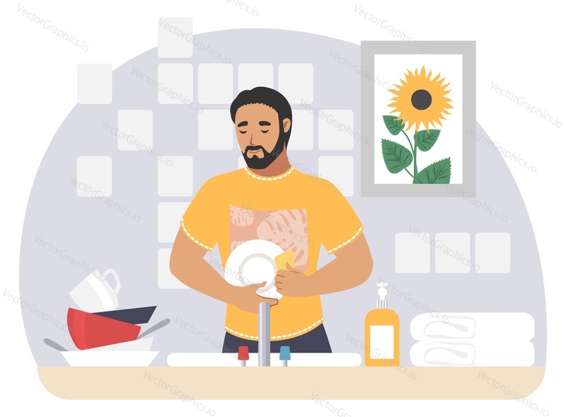 Man washing dishes in kitchen, flat vector illustration. Housework, household chores, housekeeping, everyday routine.
