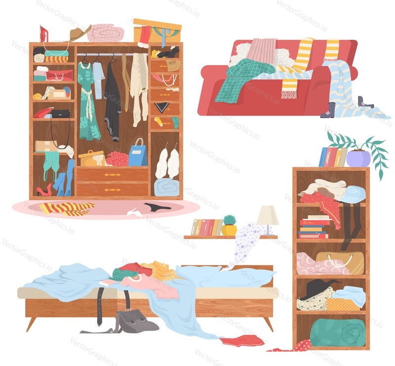 Scattered clothes, female stuff in wardrobe, in bookcase, on sofa, on bed, flat vector isolated illustration. Mess, disorder.