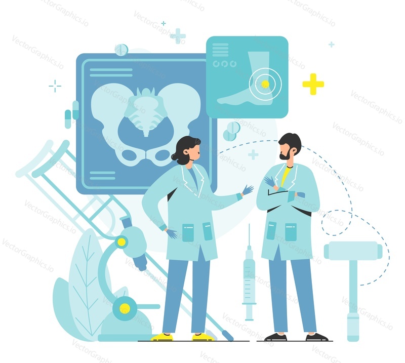 Doctor orthopedist, male and female characters examining xray scans of hip and leg joints, flat vector illustration. Human anatomy and healthcare. Traumatology and orthopedics.