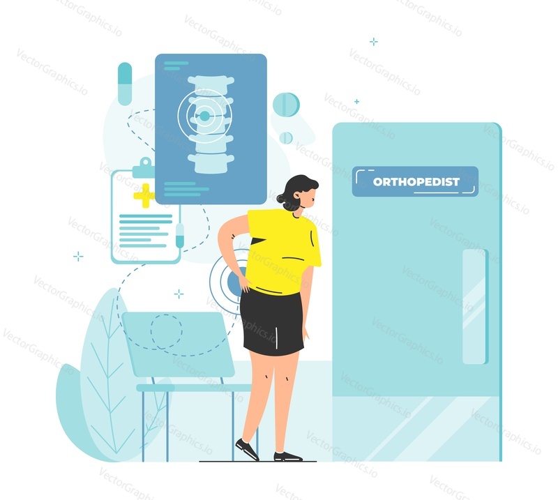 Patient suffering from back pain standing in front of doctor orthopedist office door, flat vector illustration. Backache. Traumatology and orthopedics.