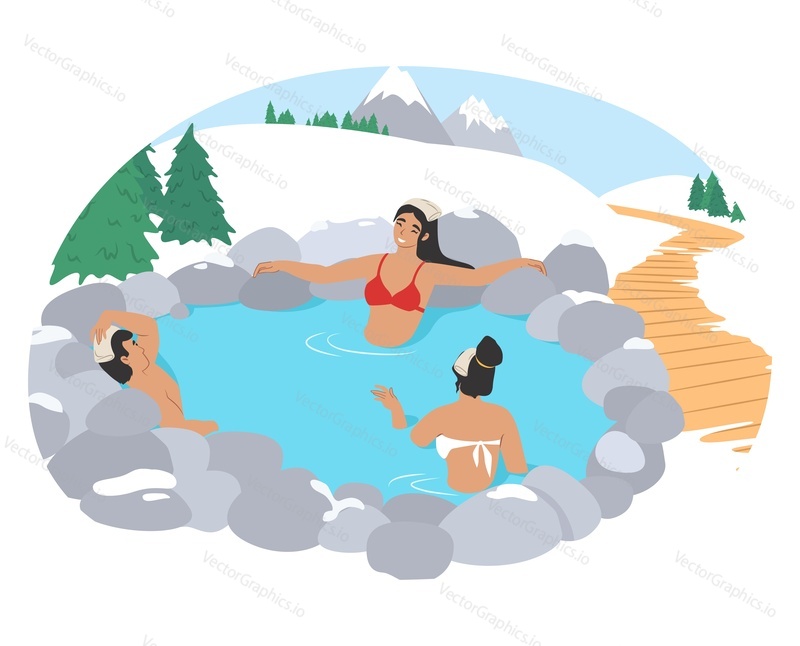 Hot springs pool. People soaking in thermal spa water in snowy mountains, flat vector illustration. Onsen, japanese natural hot springs resort. Relax, recreation.