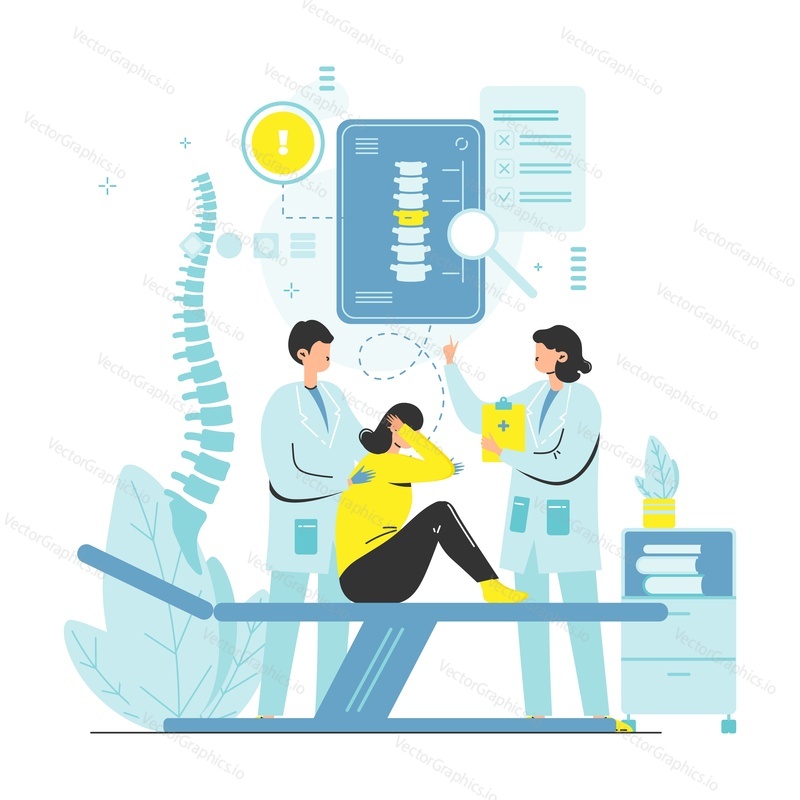 Doctor osteopath, chiropractic, male and female characters treating woman suffering from back pain, flat vector illustration. Patient treatment, rehabilitation after injury.