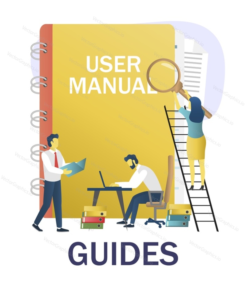People reading guidebook, writing guidance, advices, instruction manual, flat vector illustration. User guide, user manual concept.