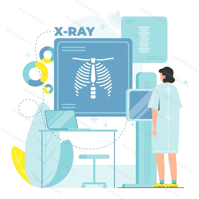 Fluorography exam of patient female, flat vector illustration. Fluorography or chest xray scan. Roentgen photography, chest radiography, lungs health.