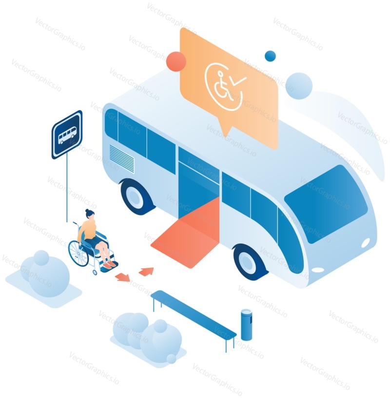 Bus stop. Woman in wheelchair boarding bus with wheelchair access ramp, flat vector isometric illustration. Disabled person lifestyle. City public transport accessibility. Barrier free environment.