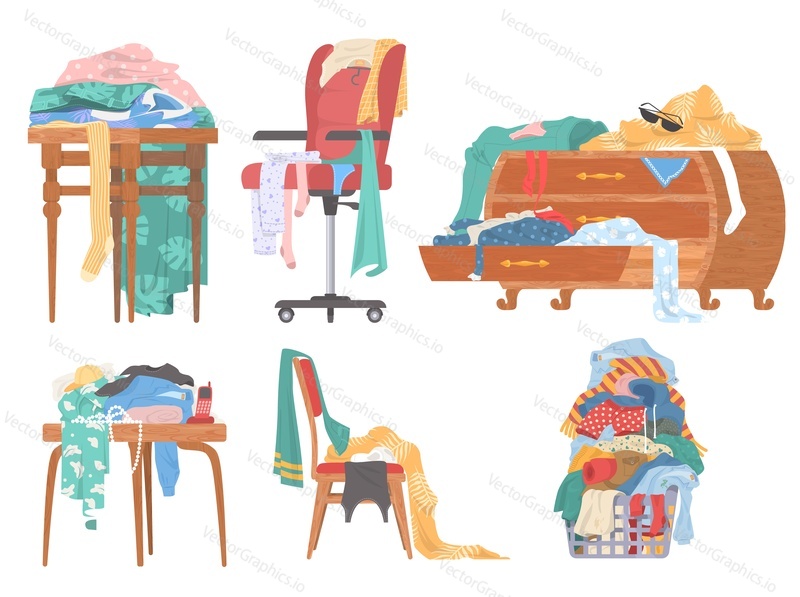 Scattered clothes, female stuff in chest of drawers, on chair, on table, on coffee table, in laundry basket, flat vector isolated illustration. Mess, disorder.