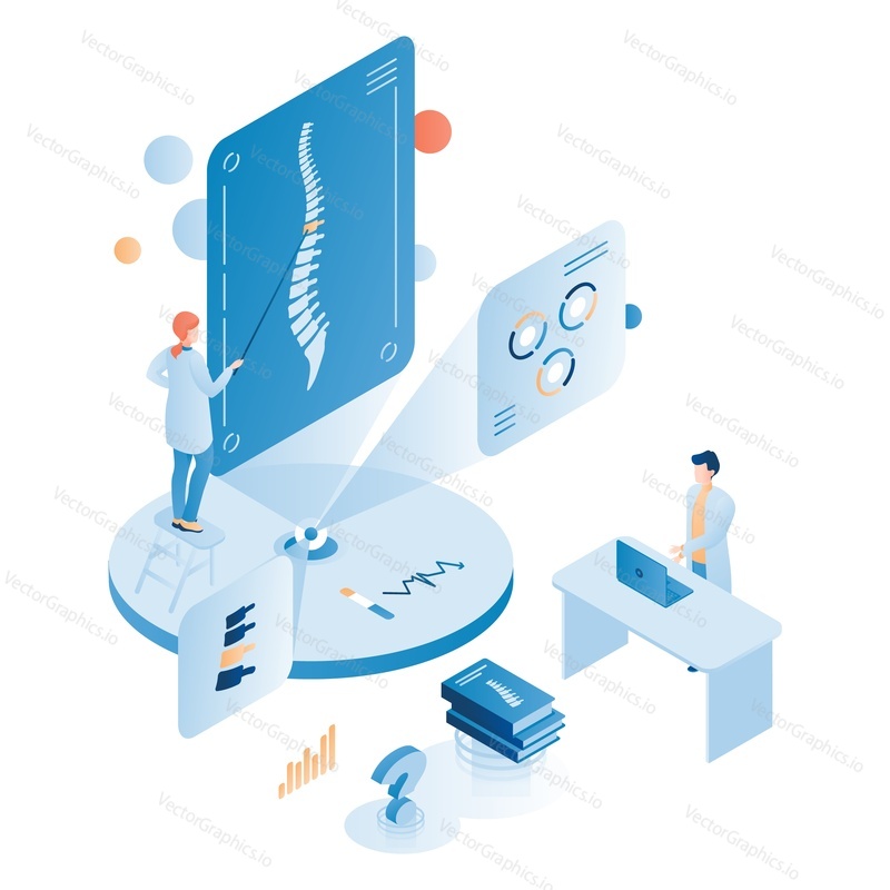 Online osteopathy medicine courses and training, flat vector isometric illustration. Osteopathy, chiropractic, manual therapy. Career, distance learning, online education.