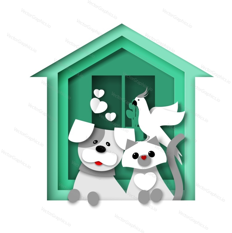 Зеленый дом с собакой, кошкой и попугаем, живущими в нем, векторная иллюстрация в стиле бумажного искусства. Приют для животных, ветеринарная клиника. Логотип дома домашних животных.