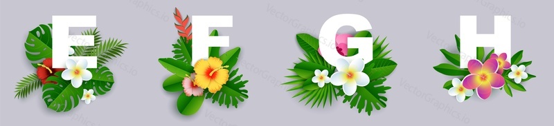 Цветочный алфавит, векторная иллюстрация в стиле бумажного искусства. Заглавные буквы английского алфавита E, F, G, H с красивыми экзотическими тропическими листьями и цветами.
