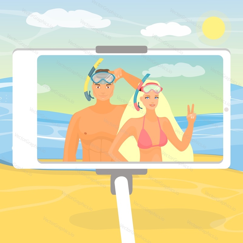 Happy couple taking selfie on beach, flat vector illustration. Summer vacation, beach holidays, romantic trip, traveling.