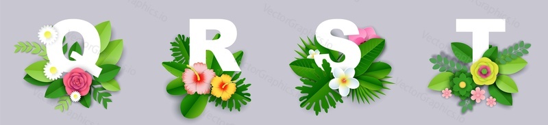 Цветочный алфавит, векторная иллюстрация в стиле бумажного искусства. Заглавные буквы английского алфавита Q, R, S, T с красивыми экзотическими тропическими листьями и цветами.