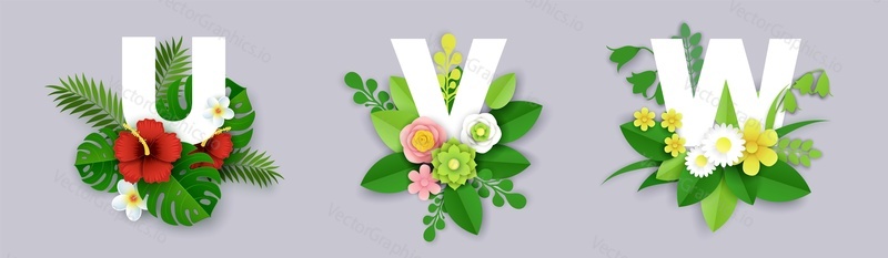 Цветочный алфавит, векторная иллюстрация в стиле бумажного искусства. Заглавные буквы английского алфавита U, V, W с красивыми экзотическими тропическими листьями и цветами.