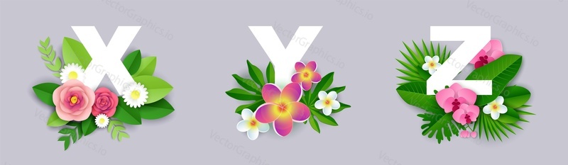 Цветочный алфавит, векторная иллюстрация в стиле бумажного искусства. Заглавные буквы английского алфавита X, Y, Z с красивыми экзотическими тропическими листьями и цветами.