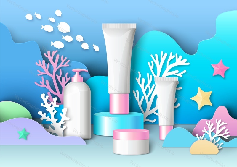 Marine cosmetic ads template, vector illustration. White blank cosmetic bottle mockup set, paper cut craft style underwater world background. Beauty and skin care products.