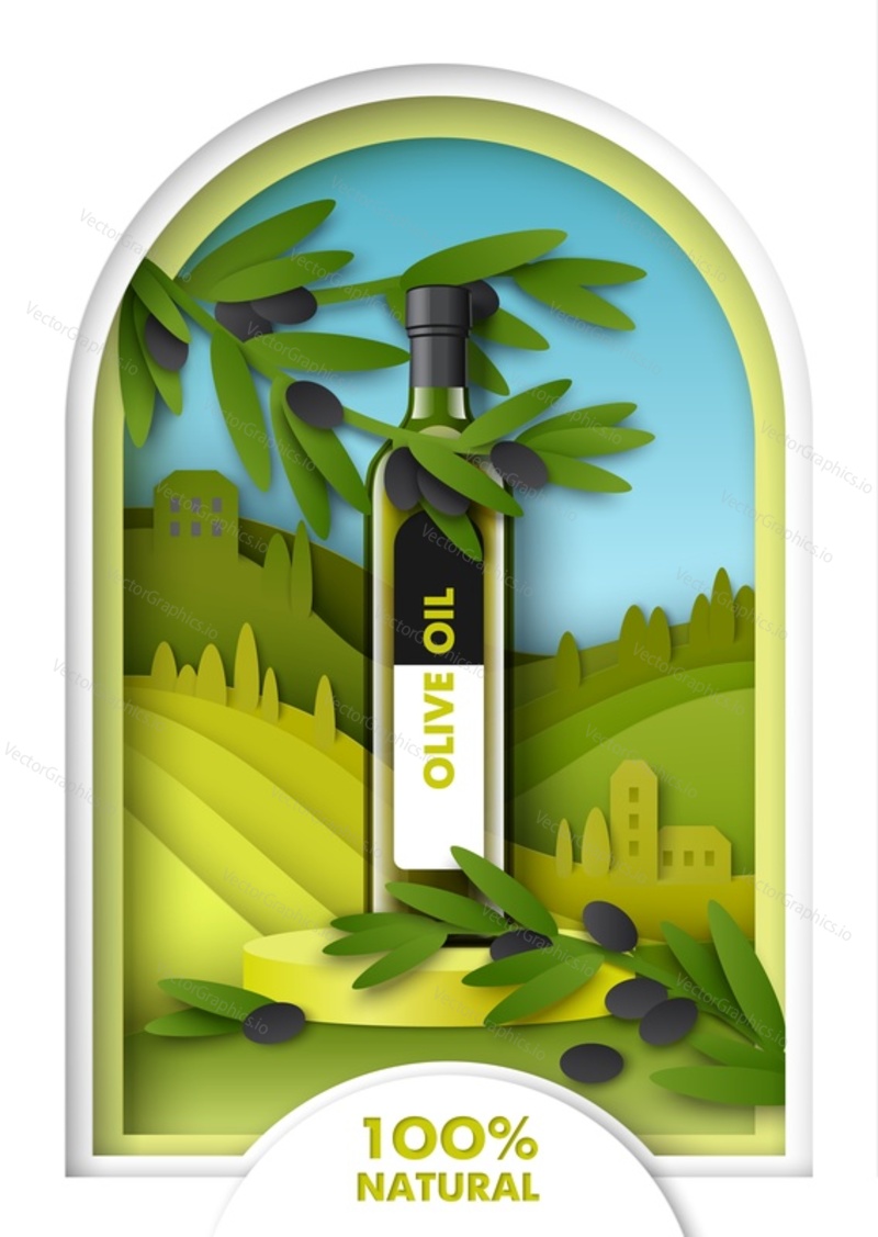 Макет стеклянной бутылки с оливковым маслом на подиуме выставки, вырезанные из бумаги ветви оливкового дерева с ягодами, поля, векторная иллюстрация. Шаблон рекламы натуральных продуктов здорового питания.