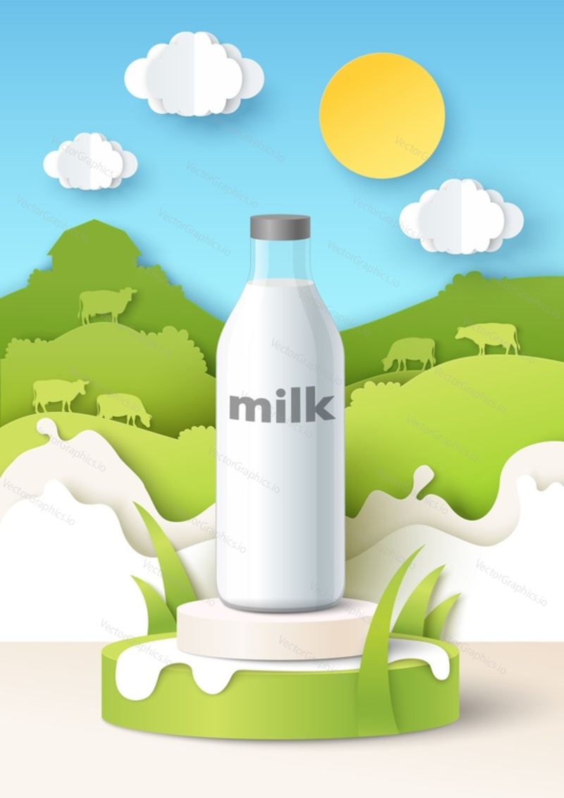 Макет пластиковой бутылки для упаковки молока на подиуме выставки, поля, вырезанные из бумаги, коровы, брызги молока, векторная иллюстрация. Шаблон рекламы натуральных здоровых молочных продуктов питания.
