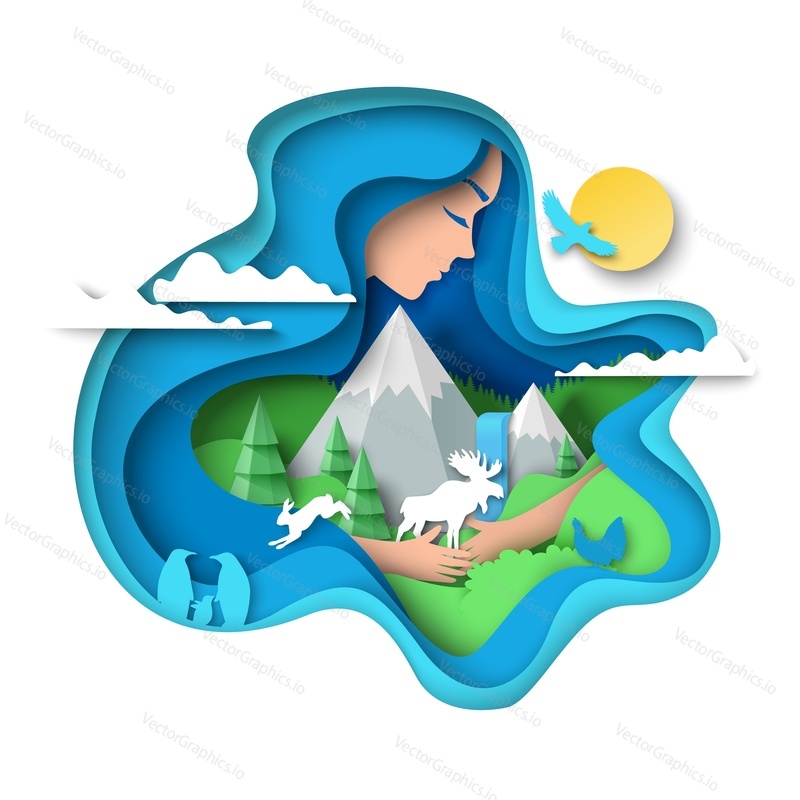 Красивая девушка с длинными голубыми волосами, обнимающая горы, лесные деревья, силуэты диких животных, векторная иллюстрация в стиле бумажного искусства. Охрана природы, сохранение окружающей среды. Живите в гармонии с природой.