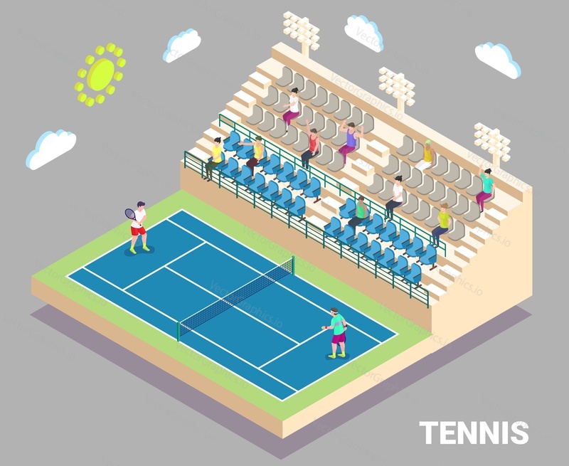Изометрический теннисный стадион с открытым кортом и трибуной, плоская векторная иллюстрация. Спортивная площадка с игроками и болельщиками, наблюдающими за теннисным матчем, элемент инфографики.