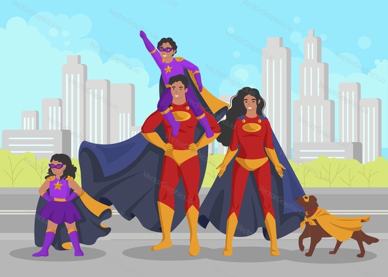 Семья супергероев, плоская векторная иллюстрация. Счастливые улыбающиеся мама, папа, милые дети и домашняя собака в накидках, масках, костюмах супергероев на фоне городского пейзажа.