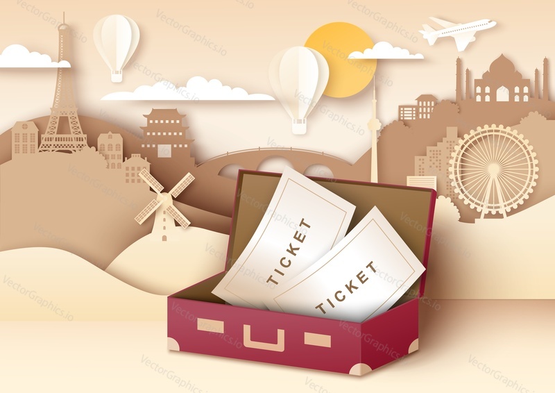Two tickets in suitcase, paper cut plane, hot air balloons flying over world famous landmark silhouettes. International tourism, worldwide tour, travel agency ads template.