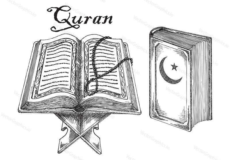 Коран, священная книга религии ислам. Древний Коран, исламские священные тексты. Мусульманские священные писания, векторная иллюстрация в стиле винтажного эскиза, изолированная на белом фоне.
