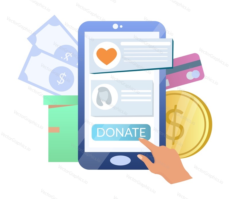 Онлайн-пожертвование. Рука, жертвующая деньги с помощью смартфона, плоская векторная иллюстрация. Благотворительное мобильное приложение для телефона.